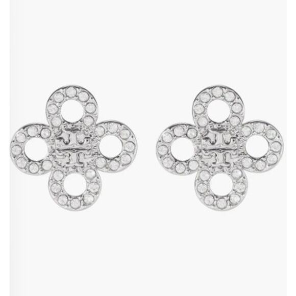 NEW Tory Burch Small Kira Pave Clover Stud Earrings Light Hematite Crystal Logo - Picture 1 of 7